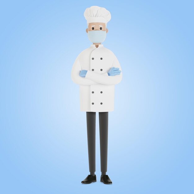 Шеф-повар в маске и перчатках. 3D иллюстрации в мультяшном стиле.