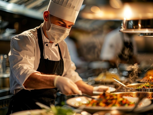 Photo chef wearing a mask and gloves preparing food in a restaurant kitchen