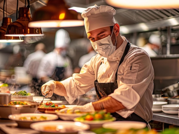 Chef wearing a mask and gloves while preparing a dish in a restaurant kitchen
