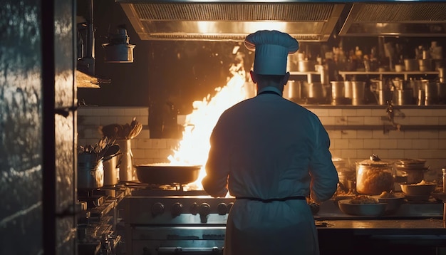 A chef wearing a toque cooking a meal in a restaurant kitchen Generative AI