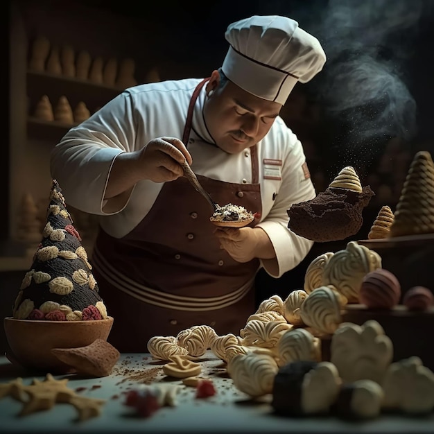 A chef in a white hat and apron prepares food in front of a stack of cookies.