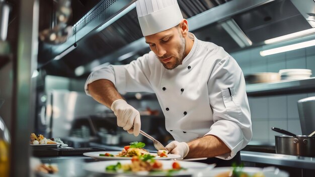 A chef in a white uniform and gloves carefully plates a dish in a commercial kitchen