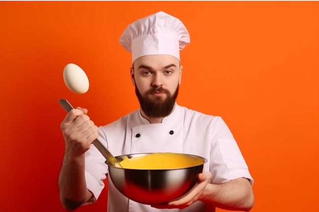 Chef in a white uniform and hat with a ladle and a bowl of eggs on an orange background