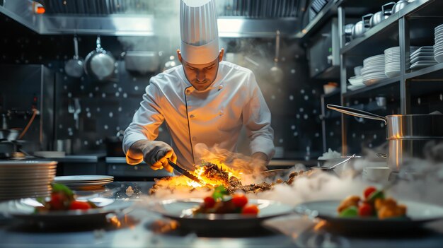 A chef in a white uniform is cooking a steak on a grill He is using a pair of tongs to turn the steak over The grill is surrounded by flames