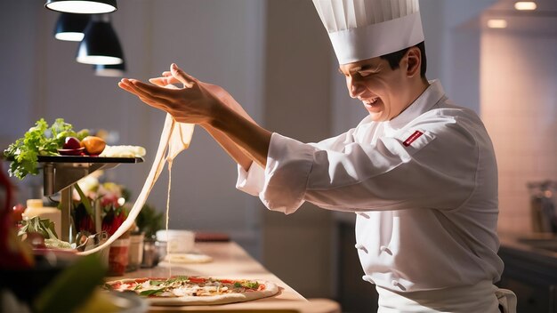 Chef in a white uniform prepare a pizzaa