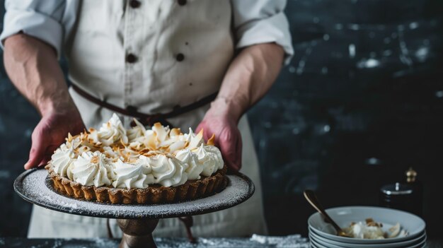 Photo chef in whites serving a freshly made meringue pie with toasted almonds