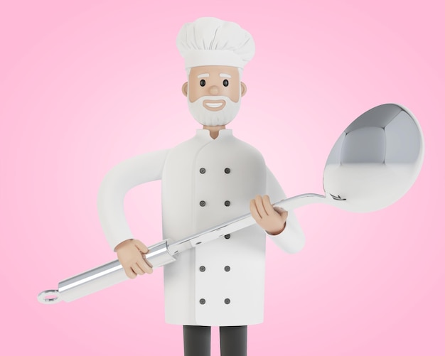 Chef with a big ladle 3d illustration in cartoon style