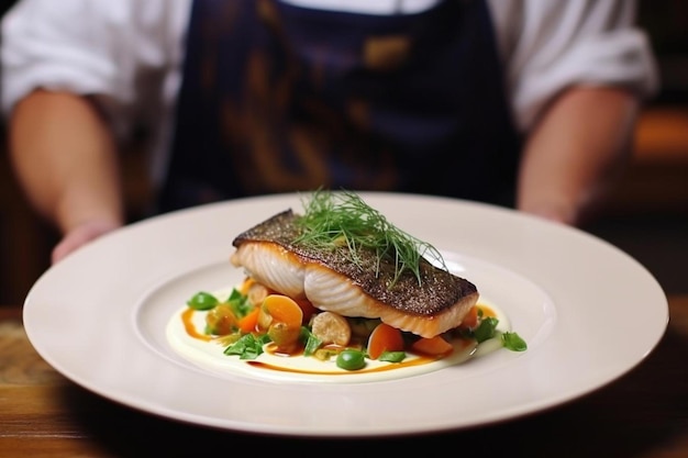 chef with diligence finishing dish on plate fish with vegetables