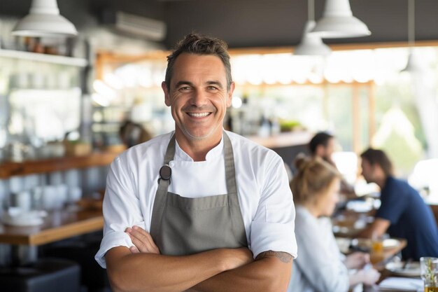 Photo a chef with his arms crossed at a bar with other people in the background