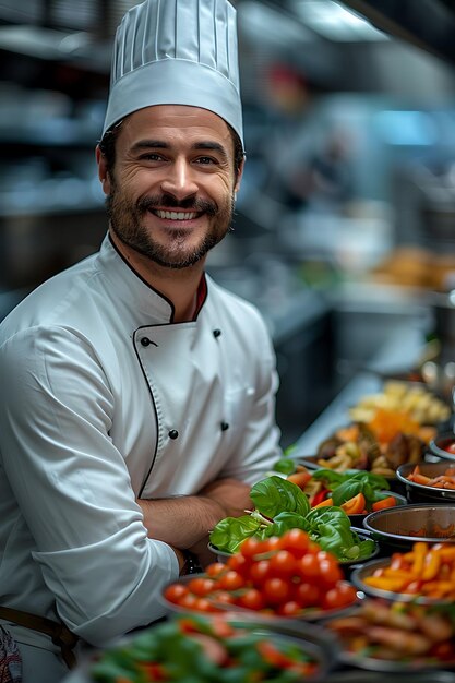 Foto uno chef con le braccia incrociate davanti a una telecamera