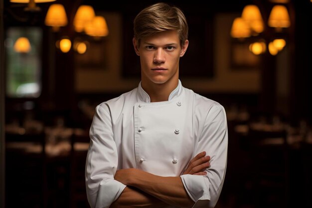 Photo a chef with his arms crossed in front of a picture of him