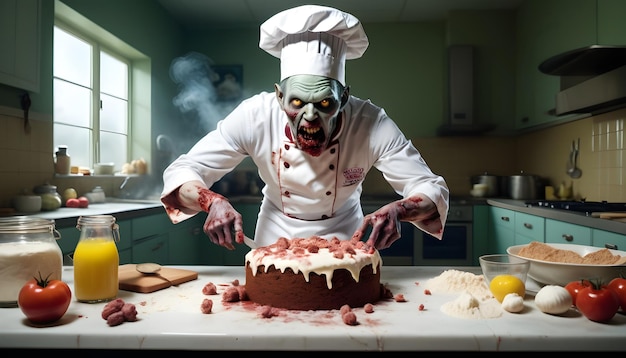 a chef with a knife in his hand and a cake with a knife in the middle