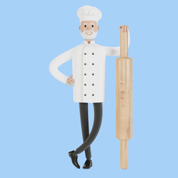 Chef with a large rolling pin. 3d illustration in cartoon style