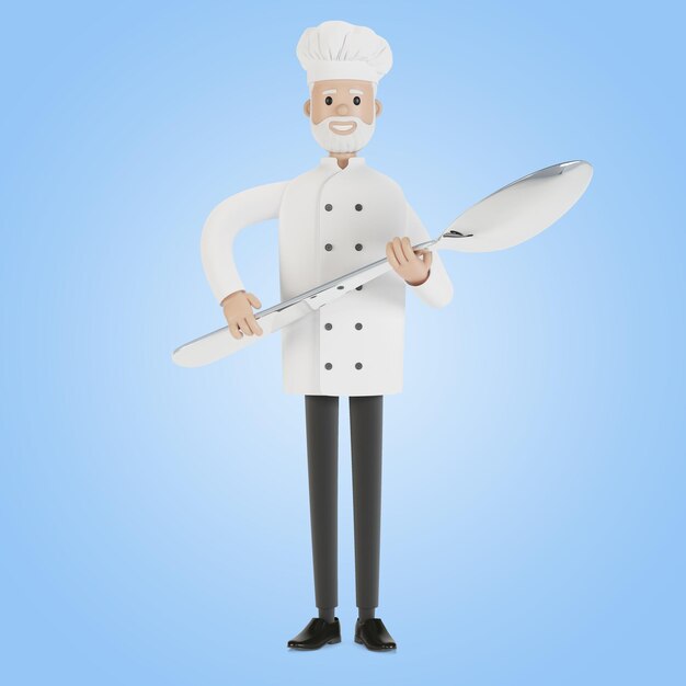 Chef with a large spoon. 3D illustration in cartoon style.