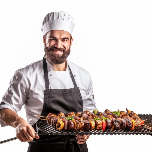 Chef with shish kebab on a white background