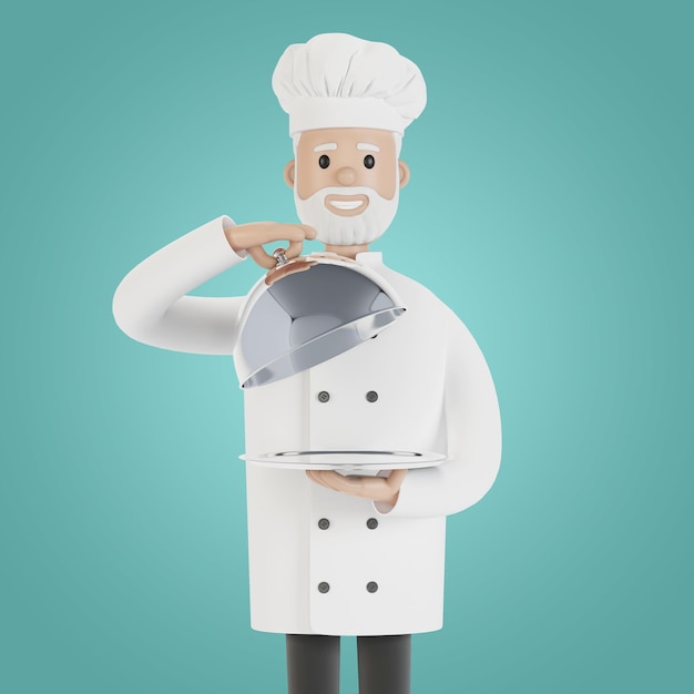 Chef with a silver tray presentation of a dish from the chef 3d\
illustration in cartoon style