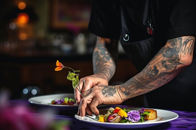 Photo a chef with tattoos on his arm and a flower on his arm