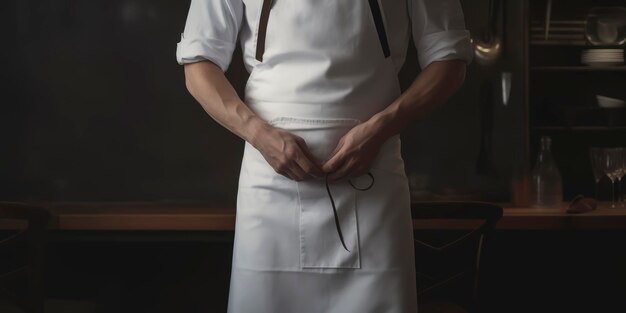 Photo chef with white apron and white shirt with kitchen ustensiles ai genereted