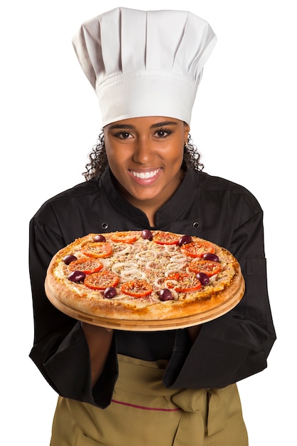 Chef woman giving pizza isolated on white space