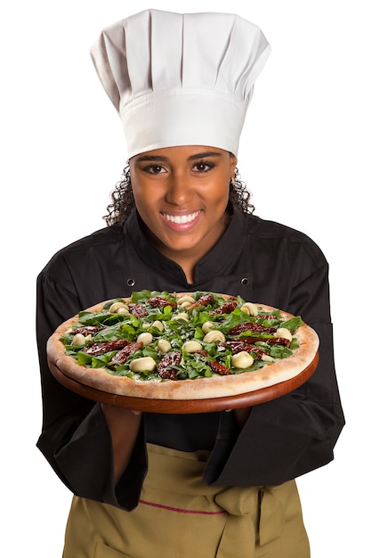 Chef woman giving pizza isolated on white space