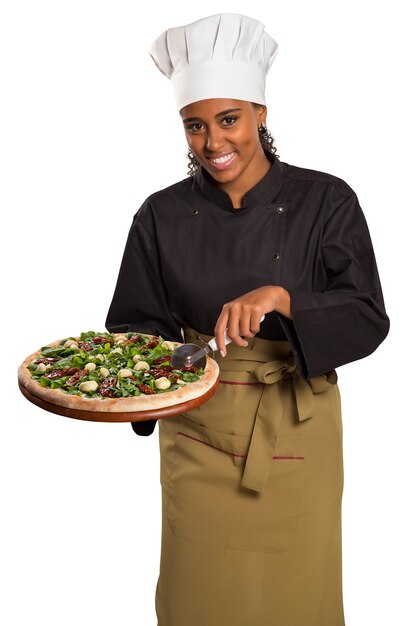 Chef woman giving pizza isolated on white space