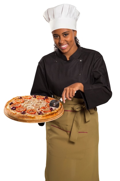 Chef woman giving pizza isolated on white space