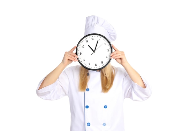 Chef woman with clock isolated on white background