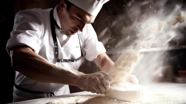 A chef works in a bakery with a sticker on his hat.