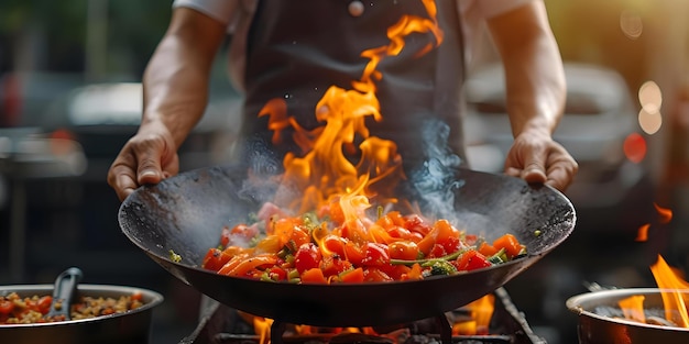 Chefcooksvegetablesoutdoorsusingflambetechniquewithflamingwokinslowmotion Concept Outdoor Cooking Flambe Technique Slow Motion Flaming Wok Chef Skills