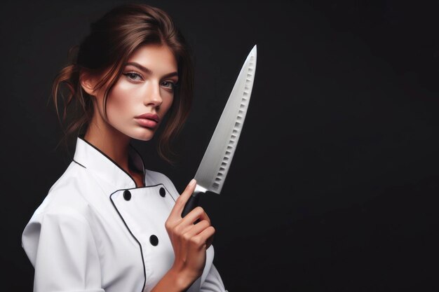 cheff woman hold knife isolated on black background ai generative