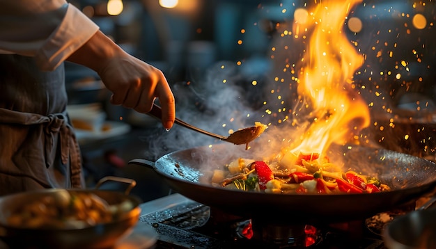 Chefhanden koken met vuur in de keuken