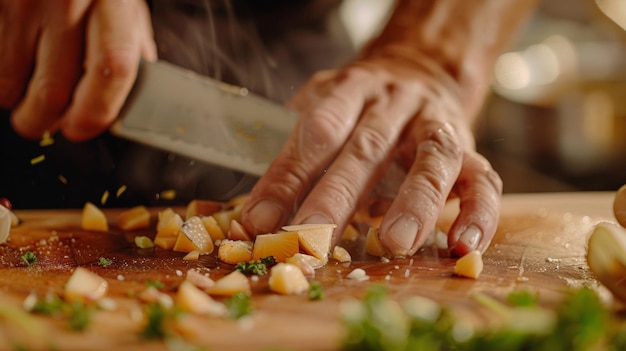 Foto le mani di un cuoco capace tagliano i dadi e tagliano gli ingredienti con facilità proprio come un abile ballerino si muove