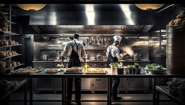 Photo chefs cooking in a restaurant kitchen with a large stove and a light above it
