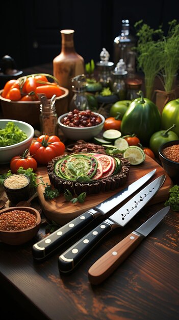 Foto chef strumenti culinari closeup di coltelli circondati da ingredienti alimentari su un tavolo di legno