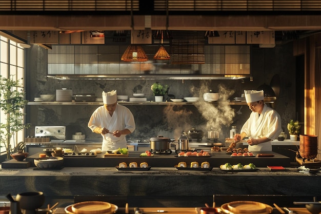 Chefs die sushi bereiden octane render k UHD ar