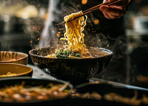 写真 チョップスティックを握っているシェフの手は,ラーメンを鉢に混ぜている