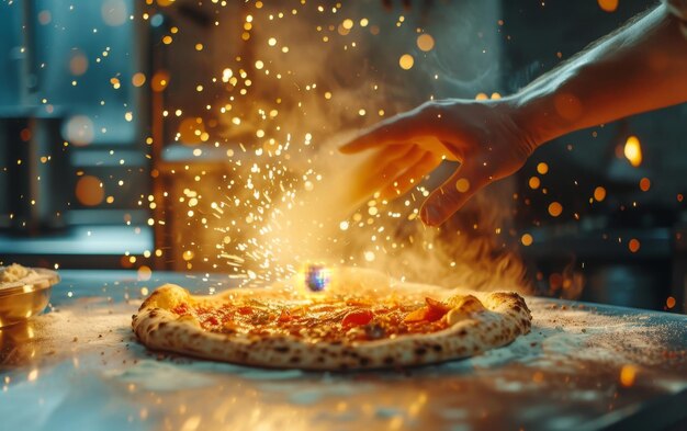 Chefs hand sprinkling cheese on a pizza amidst a burst of flames in a kitchen oven