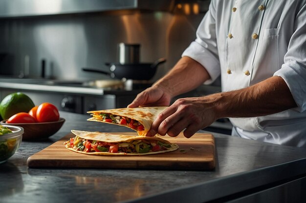 A chefs hands garnishing a quesadil