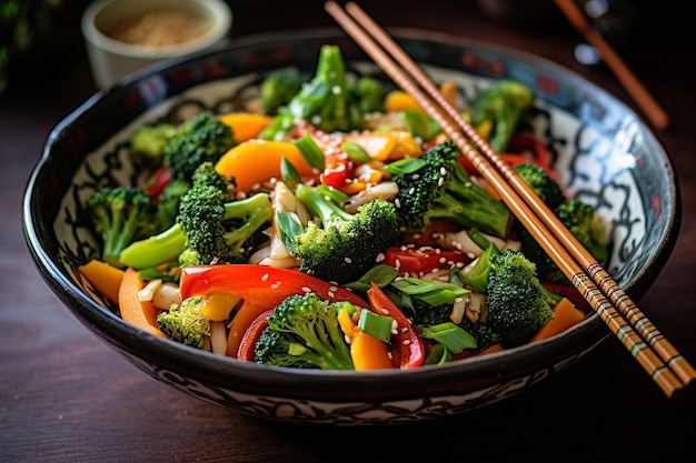 料理人の手はキッチンの背景にスティルフライの野菜のボウルを握っています