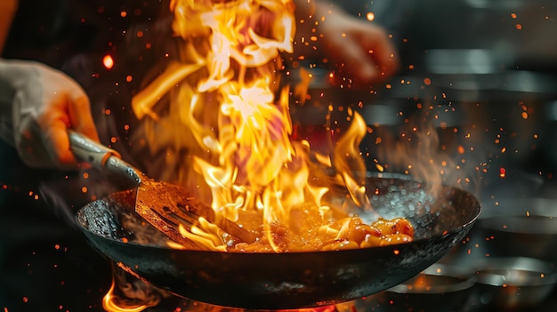 Руки повара держат вок в огне Руки попера используют огонь для приготовления пищи Генеративный ИИ