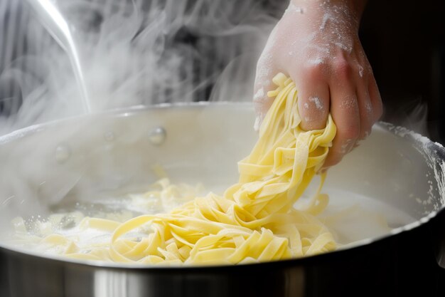 Photo chefs hands placing fresh pasta into boiling water