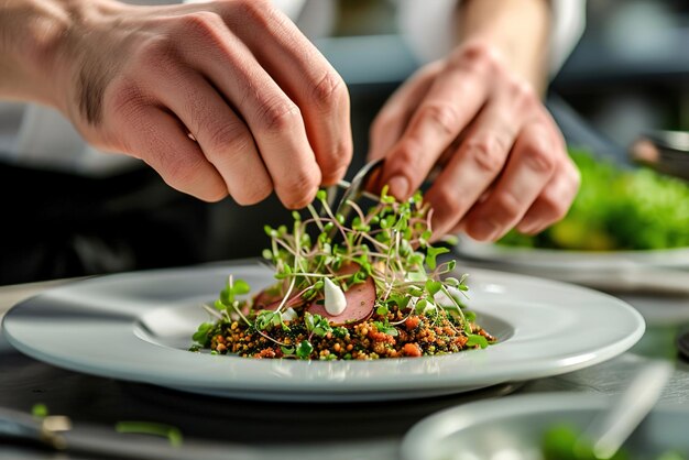 Foto un cuoco arriccia con abilità un piatto gourmet con una manciata di teneri germogli che aggiungono consistenza