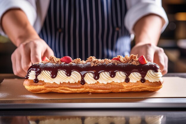 A chefs hands torching the topping of a specialty eclair