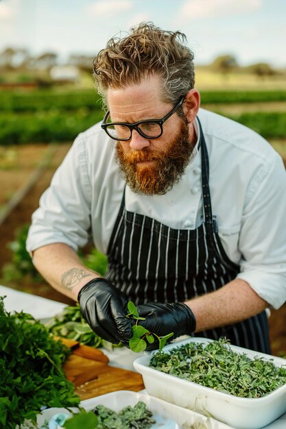 Photo chefs harvesting herbs and vegetables in a sunlit garden preparing for a farmtotable dining event