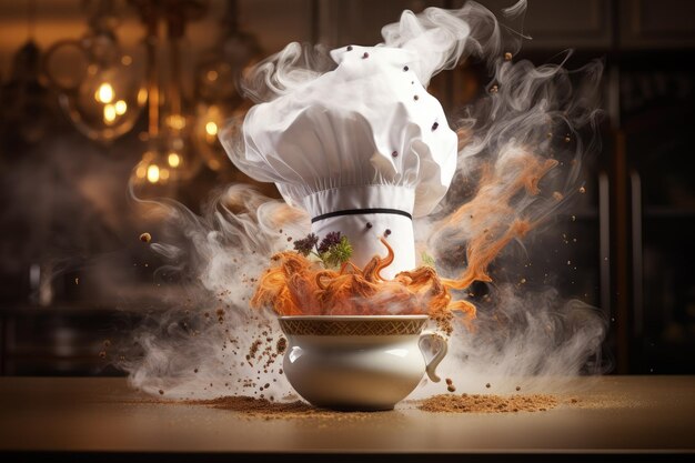 A chefs hat on top of a bowl of food