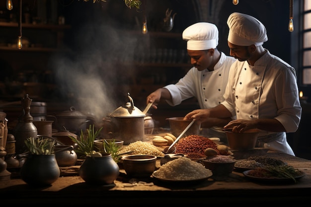 Chefs preparing ethnic dishes