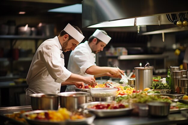 Chefs preparing food in restaurant kitchen