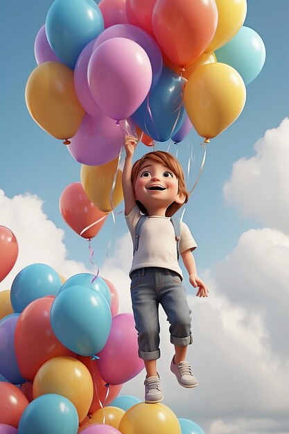 Foto bambini sollevati verso il cielo da un palloncino