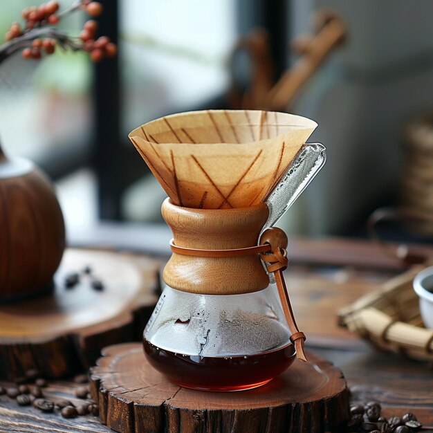 Chemex Coffee Maker with wooden collar and coffee in it