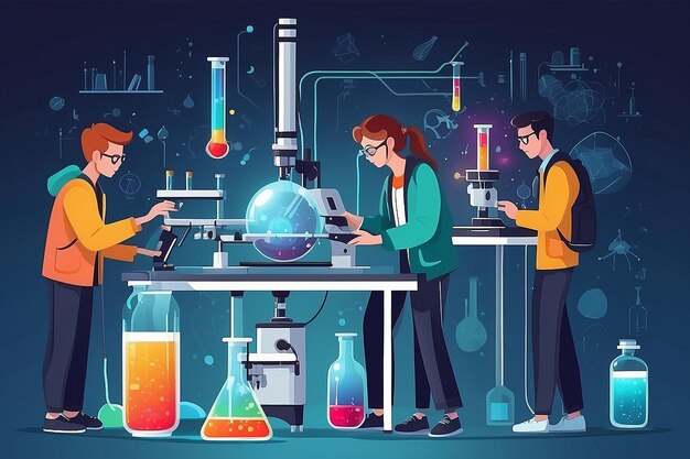 Photo chemical analysis lab students with advanced spectrometers vector illustration